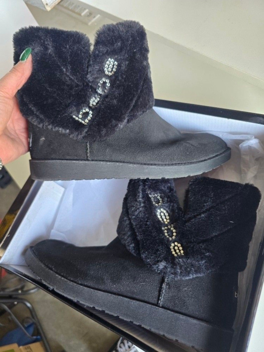 bebe Black Faux Fur Crystal-Logo Ankle Booties